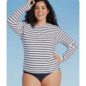 Kona Sol Womens LARGE Rash Guard Blue White Striped Swim Top Beach UPF 50